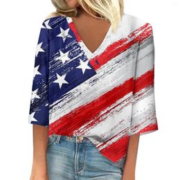 Women's Hoodies Loose T-Shirt Seven Sleeve V-Neck Independence Day Print Casual Top Y2k Style Female Clothing Sale