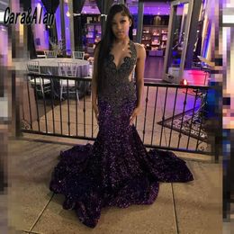 Party Dresses Luxury Black And Purple Prom For Girls 2024 Sequin African Women Mermaid Gowns Sheer Neck Vestidos De Festa