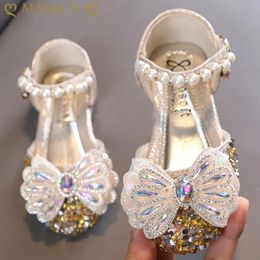 Kids Lace Bow Sandals Cute Girls Colorful Rhinestone Sandals Childrens Princess Party Sandals Baby Fashion Soft Sole Flat Shoes 240412