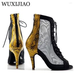 Dance Shoes Women's Latin Sexy Belly Boots Professional Ballroom Yellow Snake Print PU And Black Velvet Mesh