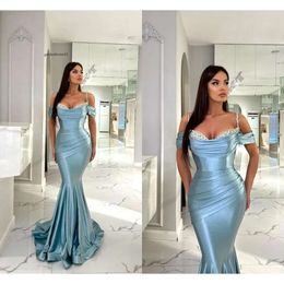 Sexy Pool Blue Mermaid Evening Dresses Spaghetti Straps Beads Sequins Pleats Long Satin Prom Party Gowns Women Formal Ocn Vestido Bc18172 0418