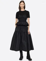 Skirts Women Early Spring Style Ear-hemmed Black Elastic Mid-length Half-length Umbrella Skirt