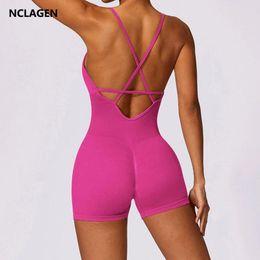 Active Sets NCLAGEN Women Gym Set Seamless Jumpsuit V Neck Yoga One Piece Back Cross Shorts Suit Clothes Push Up Workout Fitness Overall