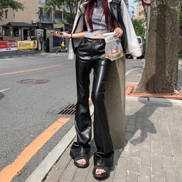 Women's Pants Spring Autumn Cool Casual Soft Black Pu Leather Floor Length Flare For Women High Waist Korean Style Fashion 2024