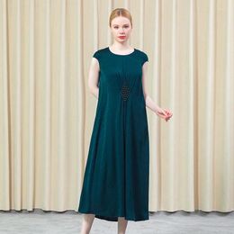 Party Dresses Silk Jacquard Round Neck Sleeve Fold Three-dimensional Diamond Decoration Dark Green Big Pendulum Women Dress Summer AE853