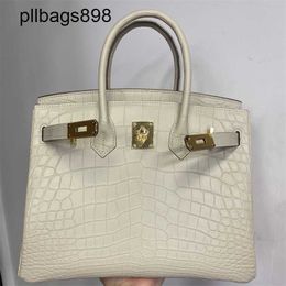 Designer Handmade 7a Handbag Bikns Genuine Leather Misty crocodile skin belly with half honey wax thread 30 with leather leather womens whiteUD35