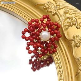 Cluster Rings 2024 Women's Double Layer Red Coral Flower Beaded Ring With Zircon Natural Freshwater Pearls Party Jewelry Adjustable