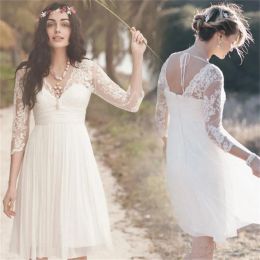 Dresses Lace Knee Length Beach Wedding Gowns VNeck 3/4 Sleeve Ruffles Empire Chiffon Summer Short Bridal Gowns Bohemia Party Wear