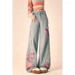 Women's Pants American Vintage Summer Butterfly Embroidery Design Plush Edge Jeans Button Zipper Pockets Wide Leg Straight