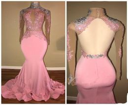 Blush pink Prom Dresses Mermaid long sleeve Applique Sequins Sexy Open Back Evening Gowns Robe de soriee Custom Made7540790