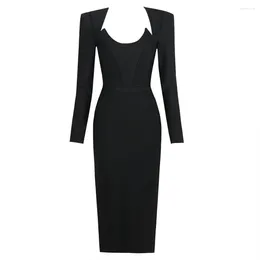 Casual Dresses JUNE LIPS 2024 Top Quality Women Black Long Sleeve Bandage Party Evening Dropship Wholesale