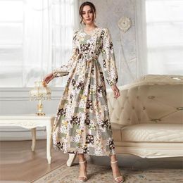 Casual Dresses Middle East Arab Fashion Print Woven High Waist V-neck Dress Dubai Tourism Long