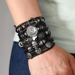 Charm Bracelets Fashion Black Skull Multi-layer Beaded Hand Leather Bracelet For Men Set Adjustable DIY Winding Rope