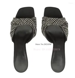 Sandals Black Woven Band Crystals Satin Heeled Slip On Mules High Heel Shoes Women Stiletto Heels Summer Dress