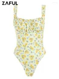 Women's Swimwear ZAFUL One-piece Swimsuit Ditsy Floral Ruched Bust Ruffle Backless Square Neck Tummy Control Bathing Suit