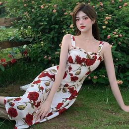 Basic Casual Dresses Korean Style Dress Mid-length Fashionable Sweet Sleeveless Suspenders Floral