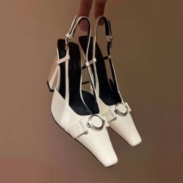 Women's pumps mules metal buckle ankle strap buckle high heel Side buckle back empty single shoe