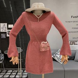 Casual Dresses Elegant High End Fashionable And Versatile Round Neck Short Knitted Sweater Hip Wrap Dress Women's