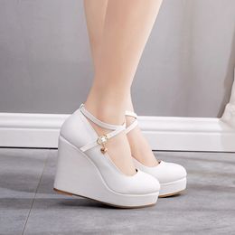 High Heels Plus Size Platform Wedges Female Pumps Womens Flock Buckle Ankle Strap Wedding Shoes 240321
