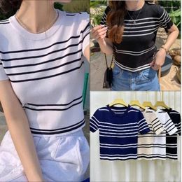 Women's T Shirts Korean Ice Silk Knitted T-shirt Women Stripe Short Sleeve Casual Cropped Top