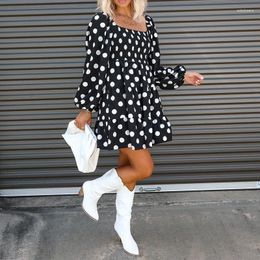 Casual Dresses SKMY Women Clothing 2024 Autumn Elegant Square Collar Black And White Dot Pleated A-Line Long Sleeve Short Dress Party Wear