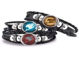 Charm Bracelets Fairy Tail Guild Logo Bracelet Black Leather Punk Anime Glass Cabochon Jewelry Men Cosplay Lover GiftCharm82105661134468
