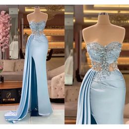 Charming Light Blue Mermaid Evening Illusion Top Crystals Sweetheart Pleats Satin Split Party Ocn Gowns Prom Dresses Wears BC 0418