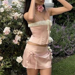 Work Dresses Kawaii 2 Piece Summer Outfits Y2K Aesthetic Bow Lace Up Sleeveless Tie-up Front Crop Cami Tops Mini Skirt Set Clubwear Women