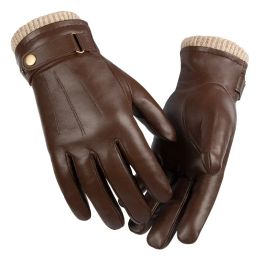 Winter Gloves For Men Genuine Sheepskin Leather Black Windproof Touch Screen Mittens Warm Driving Cycling Motorcycle