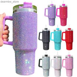 water bottle 1pcs 40oz Bling Tumbrs With Hand Lid and Straw Rhinestones Car Travel Mugs Holder Insulated Stainss Steel Doub Wall Water Cups FY5717 1121