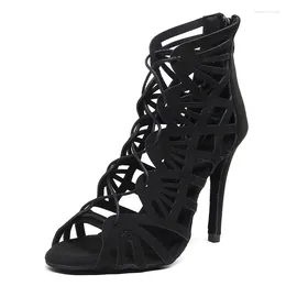 Dance Shoes Woman Black Latin Strappy Closed Toes High Heels Suede Rubber Summer Sandals Salsa Jazz Dancing Shoes7.5-11cm