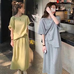 Work Dresses Summer Casual Two-piece Set For Women Solid Short Sleeve T-shirt Half Skirt Sports Suit Fashionable Simple Loose Female