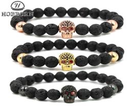 HOBBORN Trendy Natural Lava Stone Bracelet Women Men Hip Hop Rose Gold Silver Colour Charm CZ Skull Bracelets Pulsera Hombre2373881