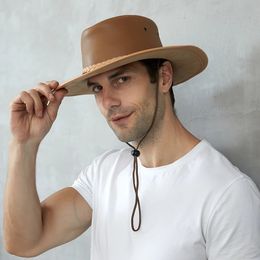 Retro Summer Large 59CM Size Single Layer Genuine Leather Casual Men Wide Brim Beach Cowboy Cowgirl Western Sun Protection Hat 240415