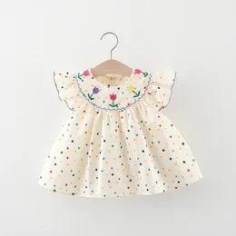 Girl Dresses Children's Clothing Summer Sweet Beauty Doll Shirt Princess Dress Flower Embroidery Small Round Dot Loose Bubble