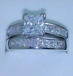 WholeSize 5678910 Jewellery 10kt white gold filled Topaz Princess cut simulated Diamond Wedding Ring set gift with box2806739