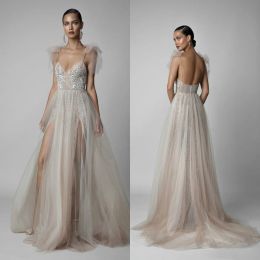 Berta 2024 Evening Dresses Spaghetti Straps High Split Lace Appliques Prom Gowns Backless Sweep Train A Line Special Occasion Dress