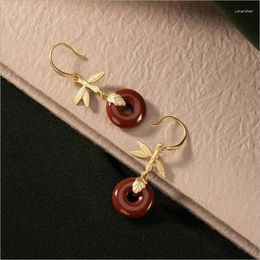 Dangle Earrings Natural South Red Peace Buckle Eardrops Sterling Silver Golden Leaves Huaigu Jade Women's Fashion Agate Hook