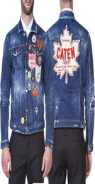 Men Denim Jacket With Patches Applique Slim Fit Short Style Painted Distressed Fade Cowboy Outerwear Male5610951