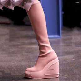 Boots Women Knee High Leather Shoes Platform Wedges Increase Snow Brand Candy Colour Chimney Fashion Sneakers