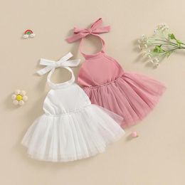 Girl Dresses Baby Mesh Tulle Dress Elegant Sleeveless Tie-Up Halter Neck Backless Solid Colour Sweet Princess For Born Infant