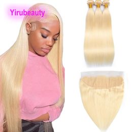 3 Bundles With 13X4 Lace Frontal Peruvian Virgin Human Hair 613# Blonde Colour Silky Straight Body Wave 4 PCS/lot 10-30inch