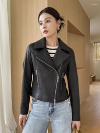 Women's Leather Real Sheepskin Slim Short Motorcycle Jacket Women 2024 Trend High Quality Solid Simple Notched Collar Genuine Coat