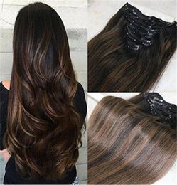 Ombre Color Remy Human Hair Bundles 1b Natural Black to 6 Medium Brown and Natural Black Clip in Human Hair Extensions 7pcs 120g5007515