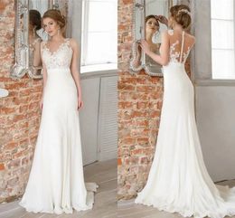 Boho Beach Wedding Dresses Sheer Neck Lace Appliques 2024 Elegant Satin Sweep Train Bridal Gown Illusion Buttons Back robes de mariee AL8139