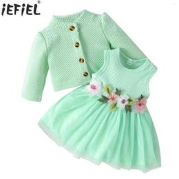 Girl Dresses Infant Baby Girls Spring Flower Knitted Mesh Sundress With Long Sleeve Waffle Cardigan Coat Elegant Wedding Birthday Party