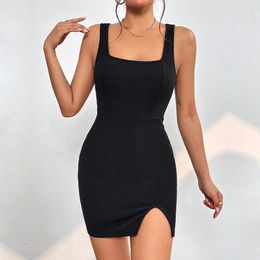 Autumn And Winter Womens Clothing Square Collar Slimming Sheath Split Sleeveless Party Sexy Dress