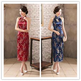 Ethnic Clothing Chinese Tradition Wine Red Qipao Long Satin Split Cheongsam Performance Evening Slim Fit Retro Backless