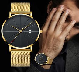 Wristwatches Men Business Watches Luxury Gold Ultra Thin Mens Stainless Steel Mesh Belt Quartz Horloge Mannen3939467