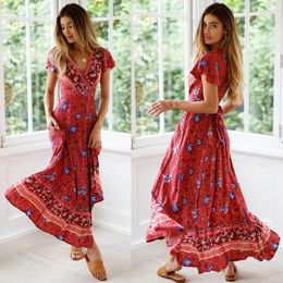 Casual Dresses Fashion Bali And Thailand Vacation Style Deep V Cotton Silk Vintage Print Short Sleeves Long One-Piece Beach Dress